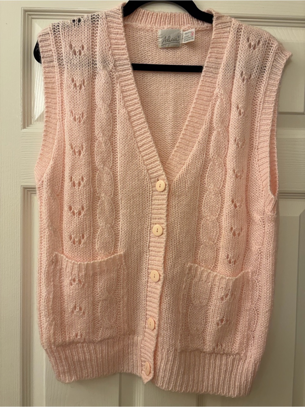 Vintage Alicia Pink Cable Knit Sweater Vest Women’s Small Button Front Pockets